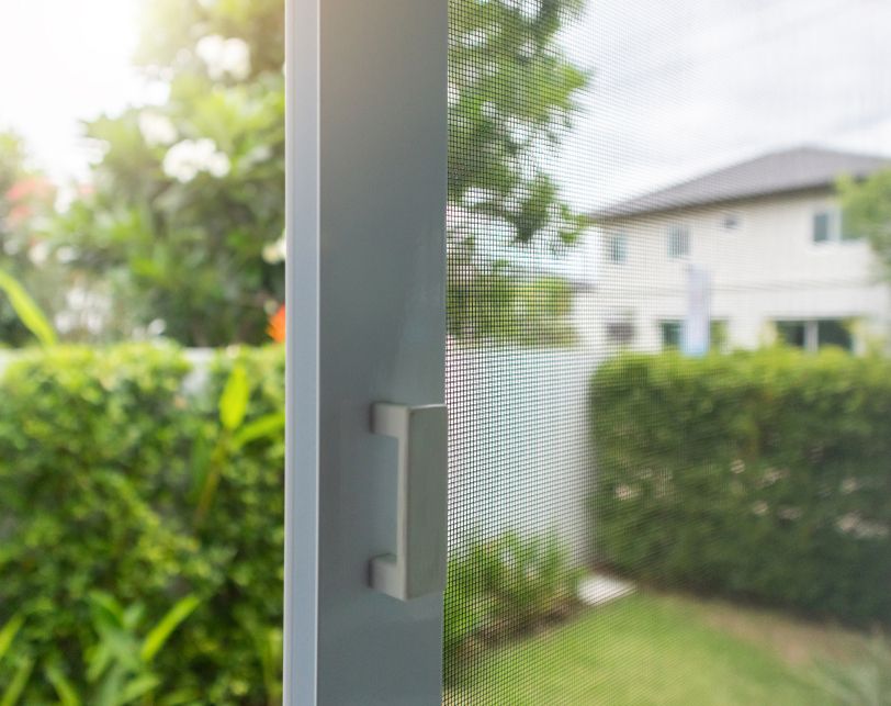 Blick auf eine Tür aus Glas mit einem Griff und einem Insektenschutz